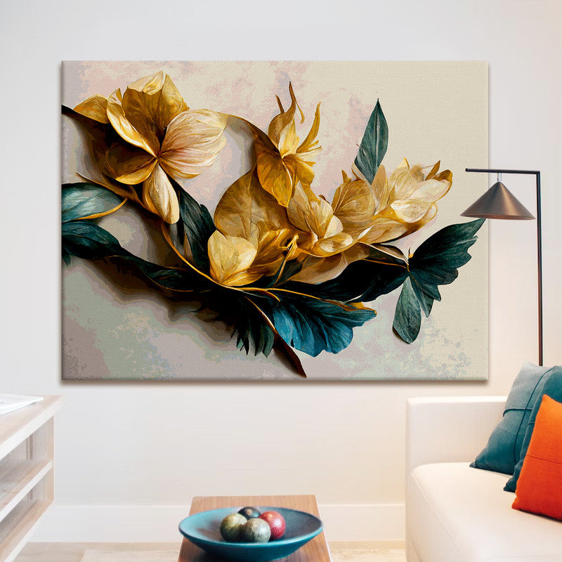 Yellow Flowers With Leaves Abstract Large Wall Art Vintage Style Picture Canvas Framed Print Modern Nature Artwork For Living Room Bedroom Wall Painting Home Decor.