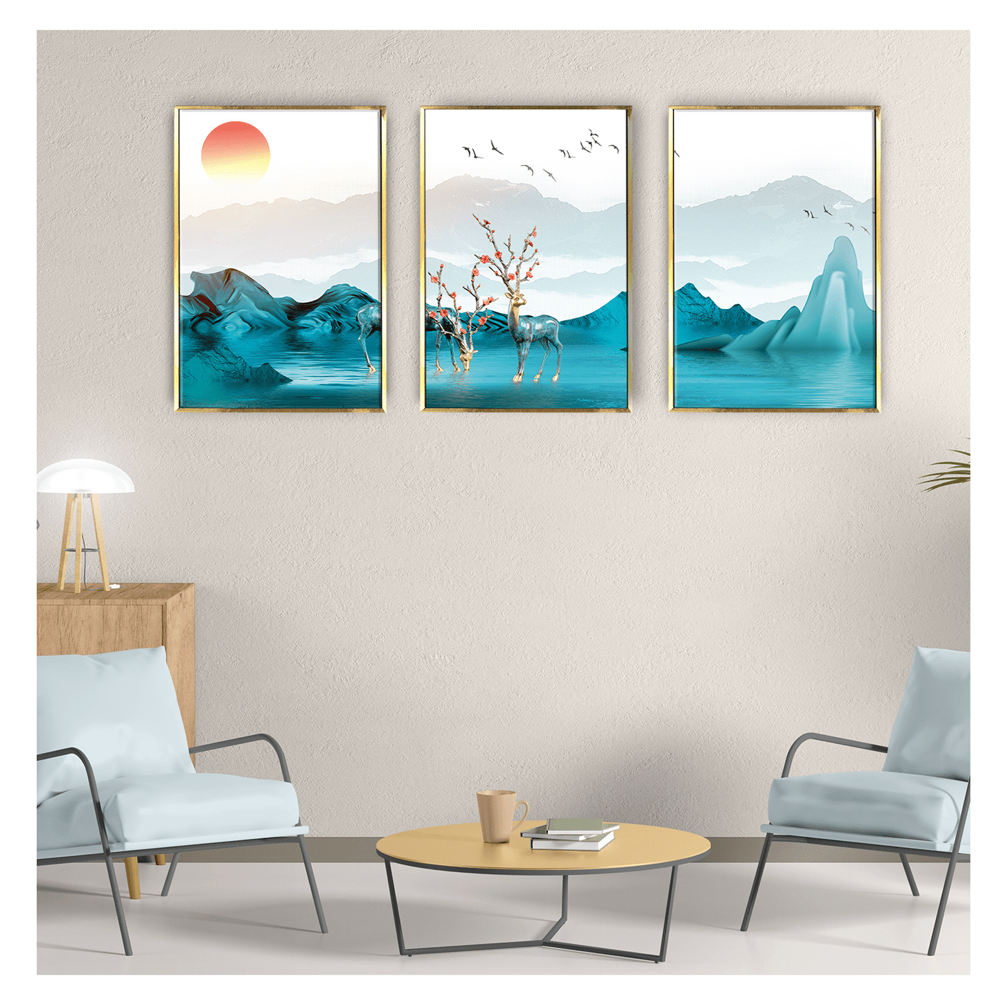 3D Nature painting with deer, stones and tree